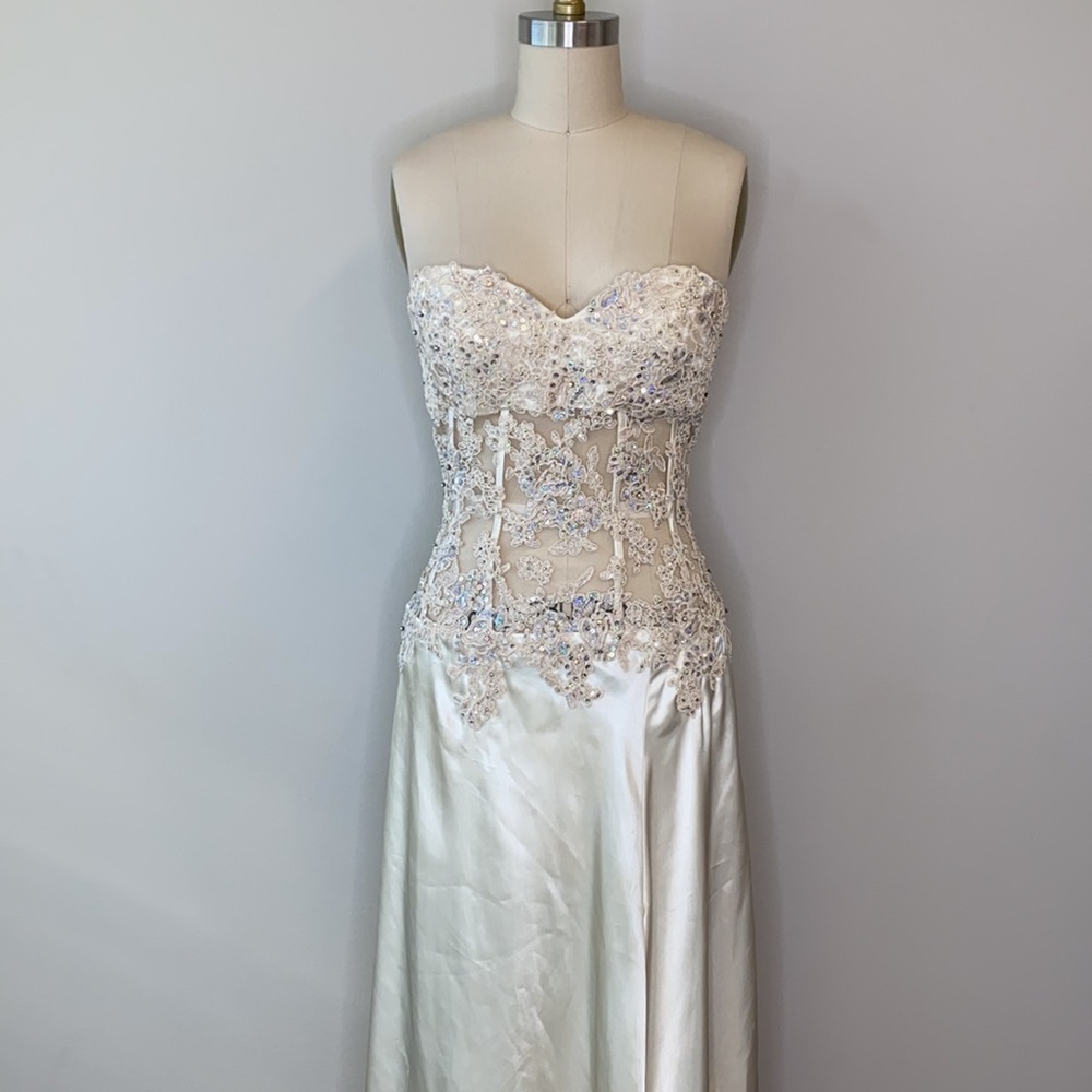 Champagne Corset Sequin High Low Gown - Picture 2 of 8